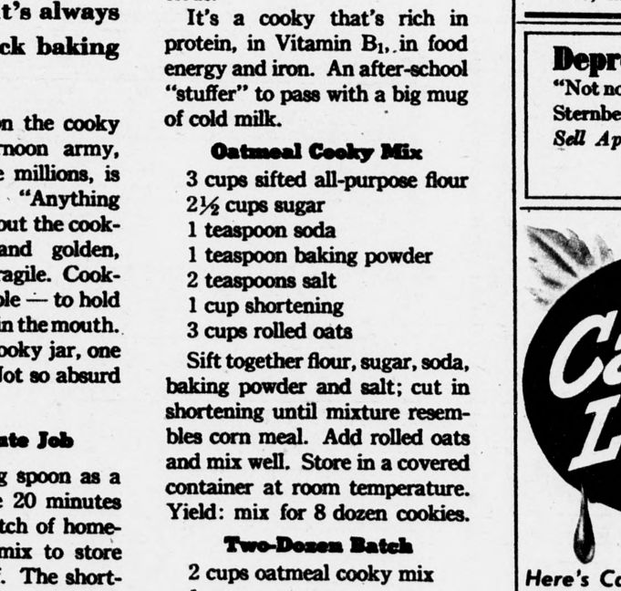 newspaper page showing oatmeal cooky mix recipe