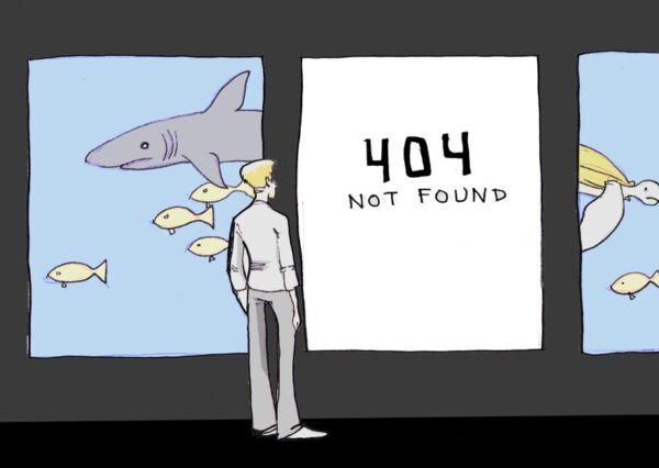 man visiting an aquarium and seeing a 404 error screen.