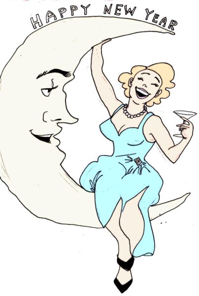 woman sitting on crescent moon with martini glass